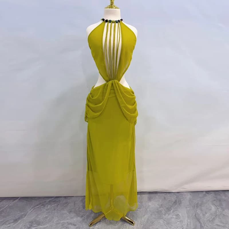 Robes de soirée pour femmes, longues, style halter, perlées, ajourées, plissées, sans manches, dos n