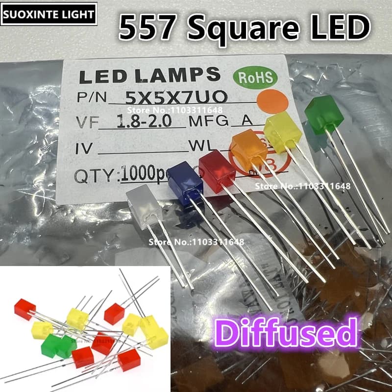 LED carrée 557, diffuse, blanc, rouge, vert véritable, jaune, bleu, jaune-vert, orange, diode électr