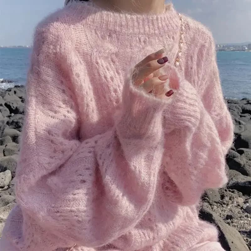 Pull évidé en mohair rose pour femme, pull tendance, vêtements de printemps et d'automne, pull doux