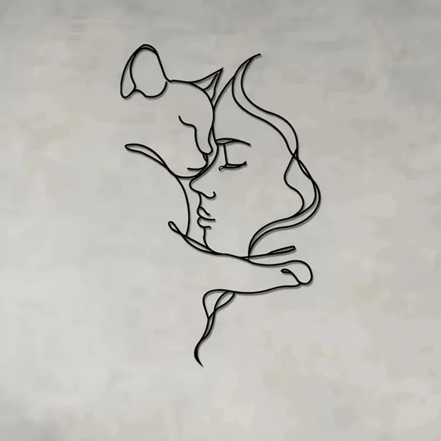 Art mural élégant en métal représentant un chat et une femme - Silhouette noire minimaliste, idéal p