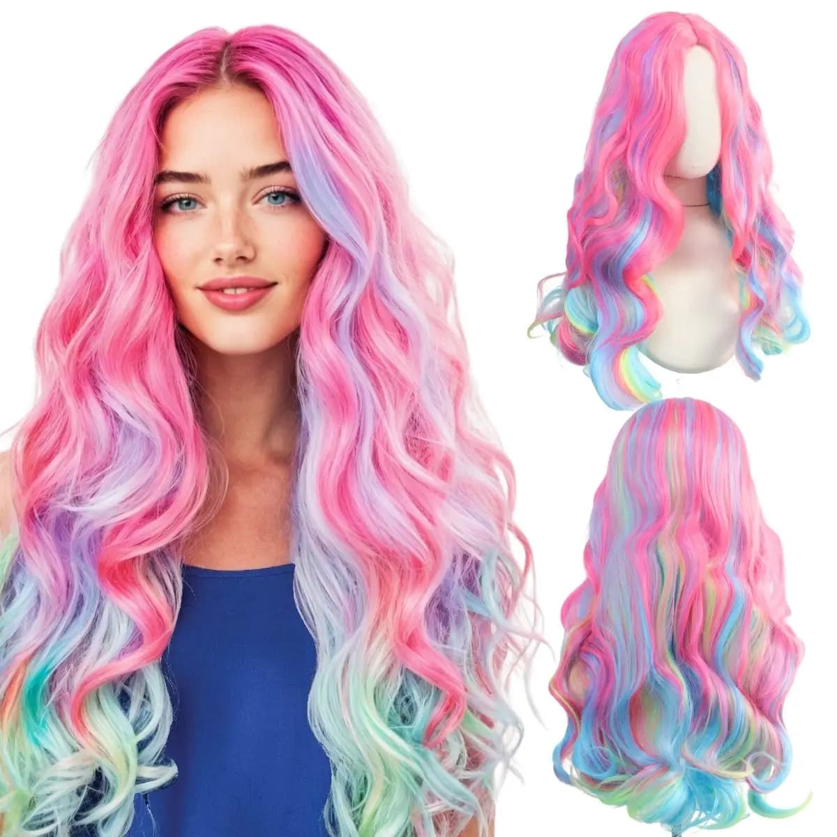 Perruque synthétique longue bouclée dégradée colorée, partie centrale, Style Anime pour femmes, cade