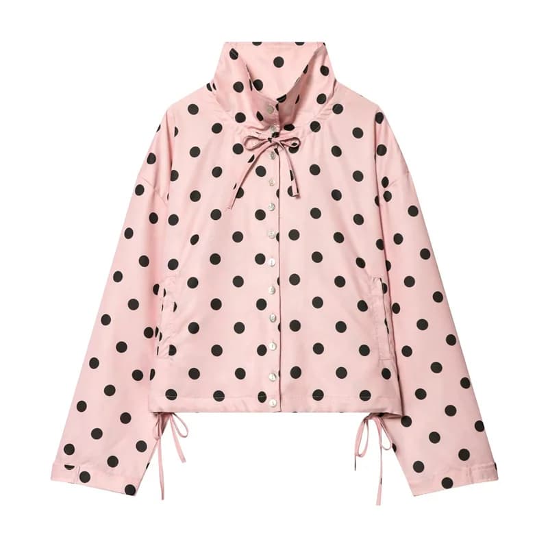 Manteau pour femme Printemps 2026 Nouveau style Rose à pois Manches longues Détail noué Simple bouto