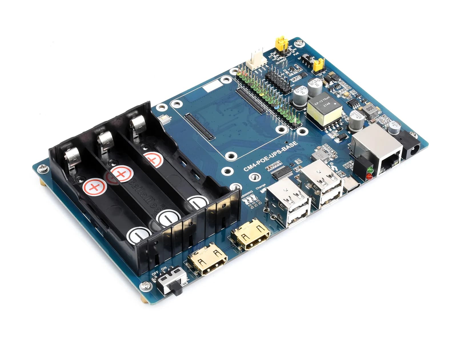 CM4-POE-UPS-BASE-EN, PoE UPS Substrat, conçu pour Raspberry Pi CM4, Dual HDMI, Quad USB 2.0