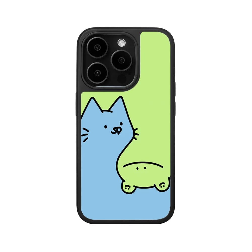 Coque de téléphone avec illustration de chat vert drôle de dessin animé, cadre noir, iPhone 16 15 14