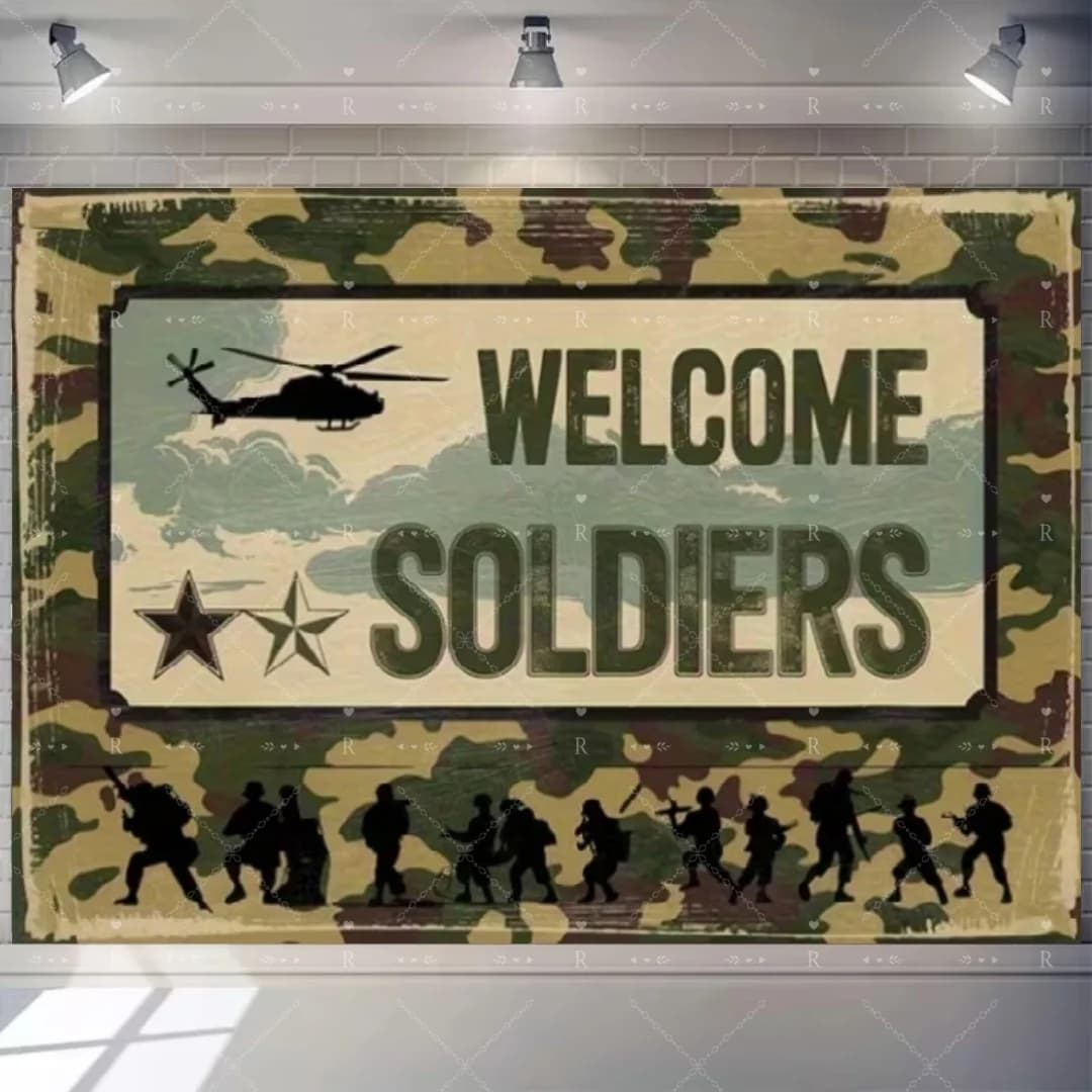 Décor de fête d'anniversaire sur le thème de l'armée militaire, toile de fond camouflage, soldat, av