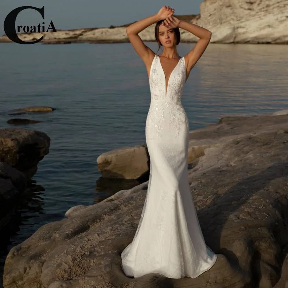 Robe de mariée dos nu avec appliques en satin sirène, col en V profond, poignées, train amovible, ro