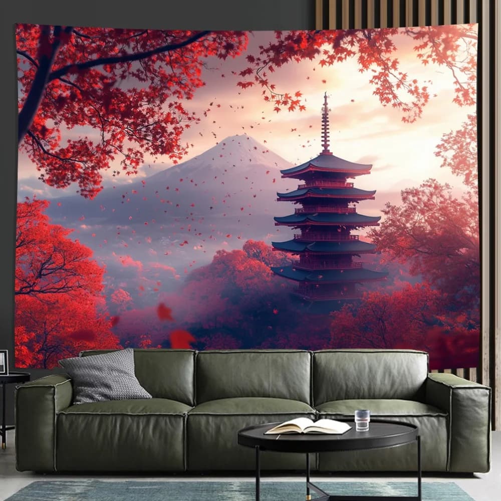 Architecture japonaise traditionnelle et mont Fuji paysage tenture murale salon chambre tapisseries