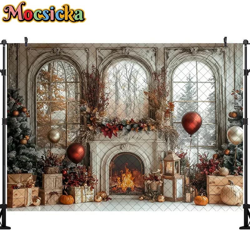 Arrière-Plan de Photographie d'Automne, Décoration de Fenêtre, Arbre de Noël, Citrouille, Décors de