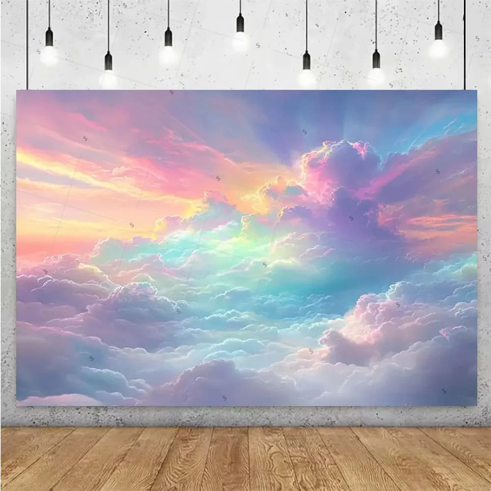 Toile de fond colorée pour photographie, ciel, arc-en-ciel, nuage, paillettes dorées, étoile, fourni