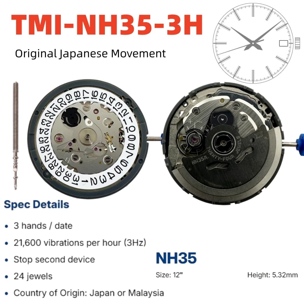 Mouvement mécanique NH35 authentique du Japon, version TMI NH35A, haute précision, 24 rubis, dateur 