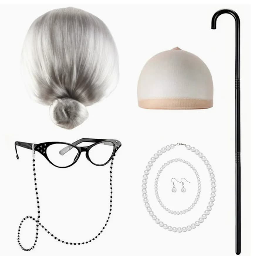 Ensemble de perruque et canne de marche pour personnes âgées - Cheveux gris bouclés réalistes pour j