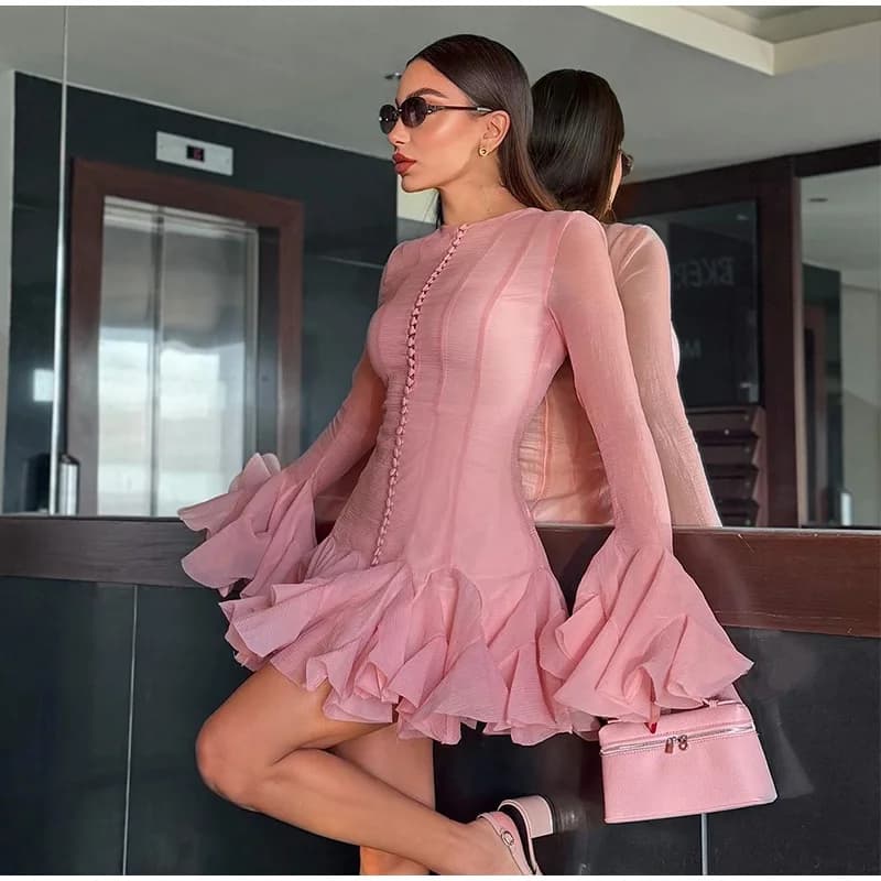 Robe longue à volants et manches évasées pour femme, simple boutonnage, couleur unie, cintrée à la t