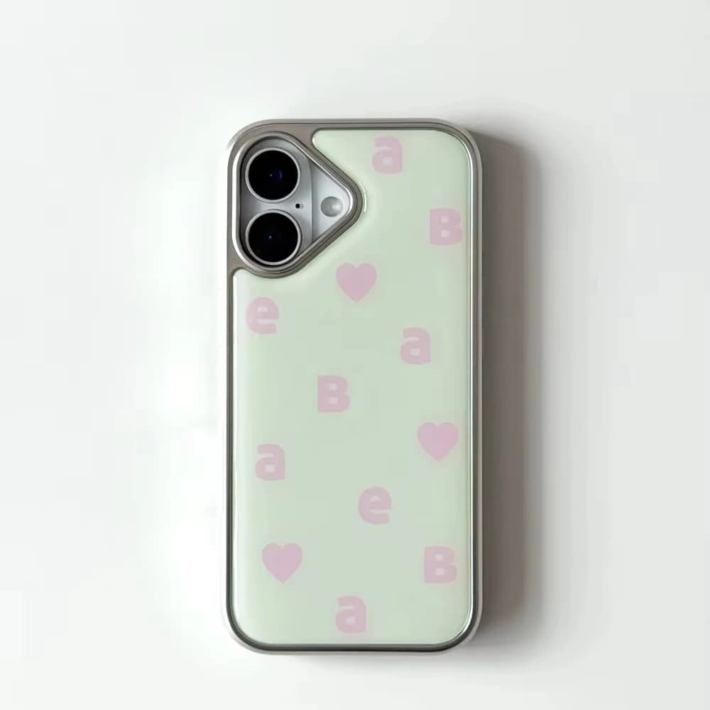 Coque de téléphone électroplaquée avec motif cœur rose sur fond vert et décoration goutte de colle p