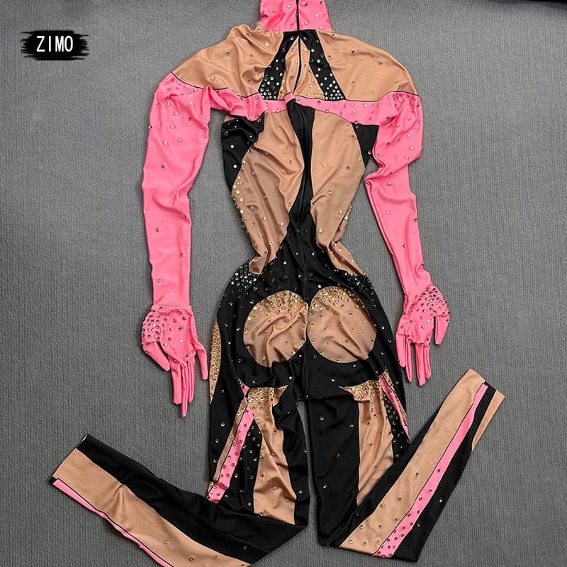 Combinaison Sexy en cristal rose pour femmes, imprimé boîte de nuit, justaucorps, Costume de danse,