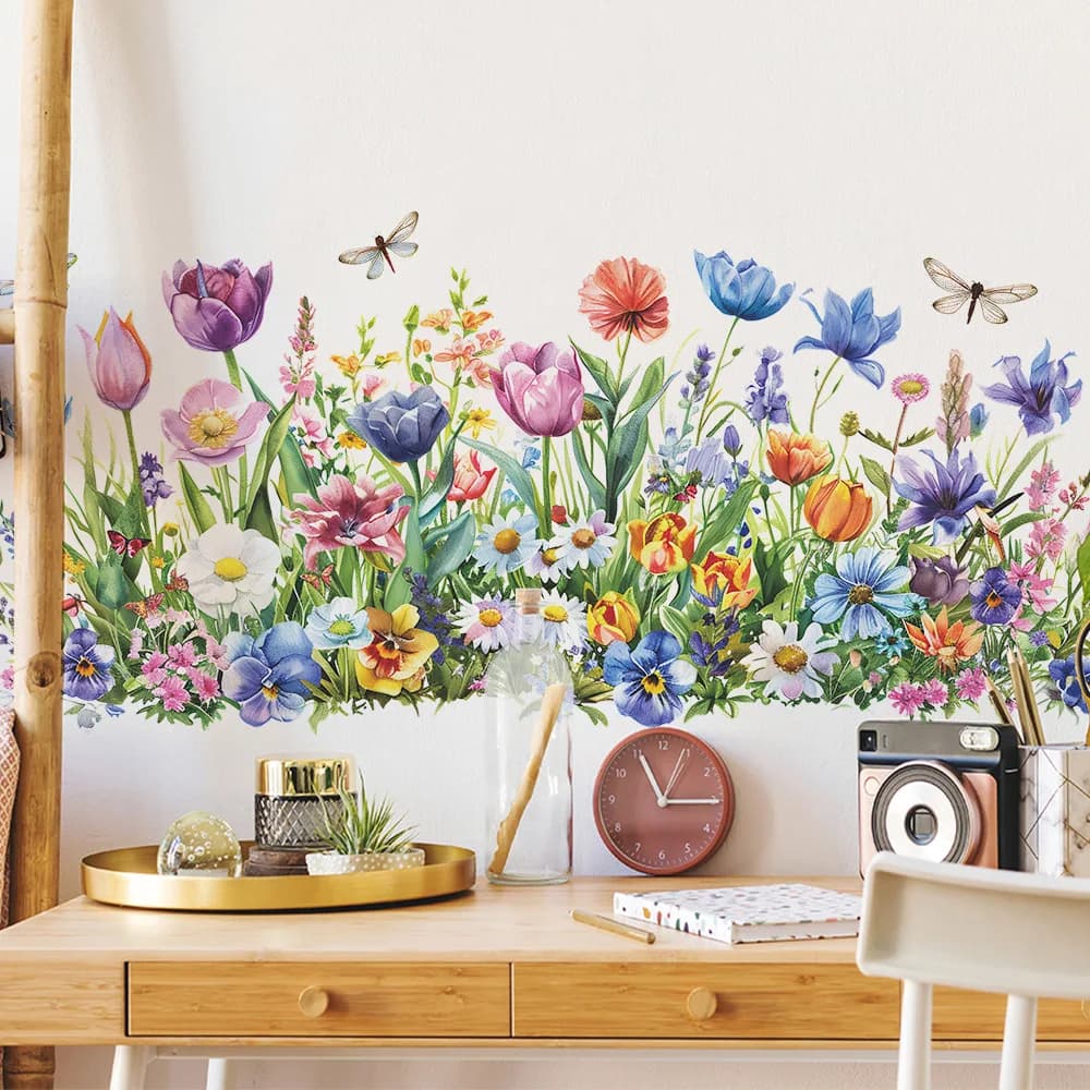 Autocollants muraux de fleurs et feuilles peintes, décoration de fond pour salon et chambre, murale