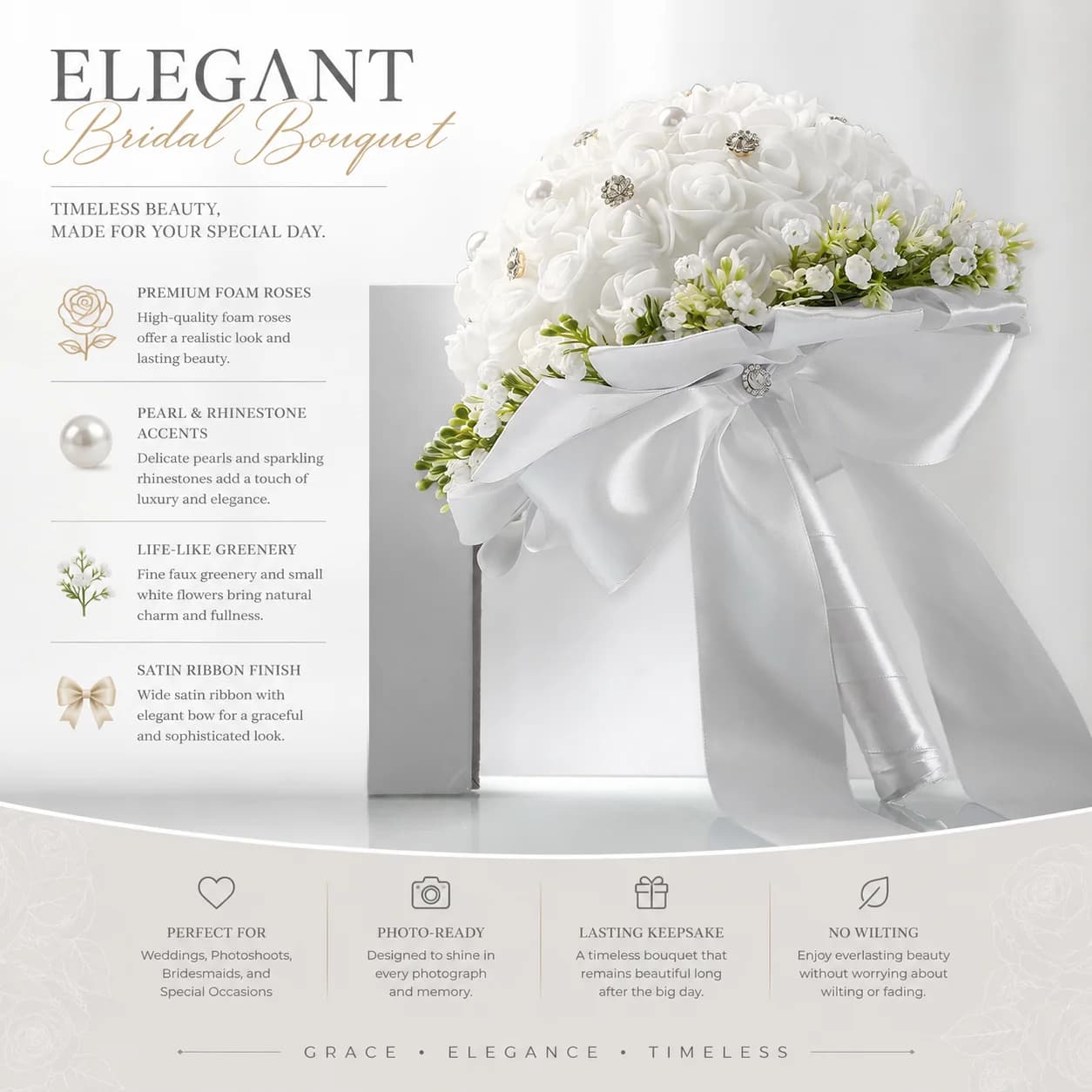 Bouquet de mariée classique blanc avec roses en satin, strass, perles et nœud en satin pour mariages