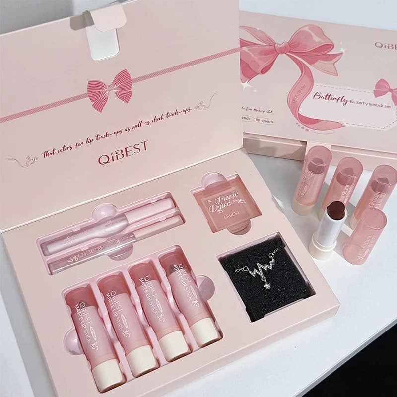 Ensemble de maquillage 7 pièces/boîte, rouge à lèvres liquide velours nu, 1 crème pour les lèvres, 1