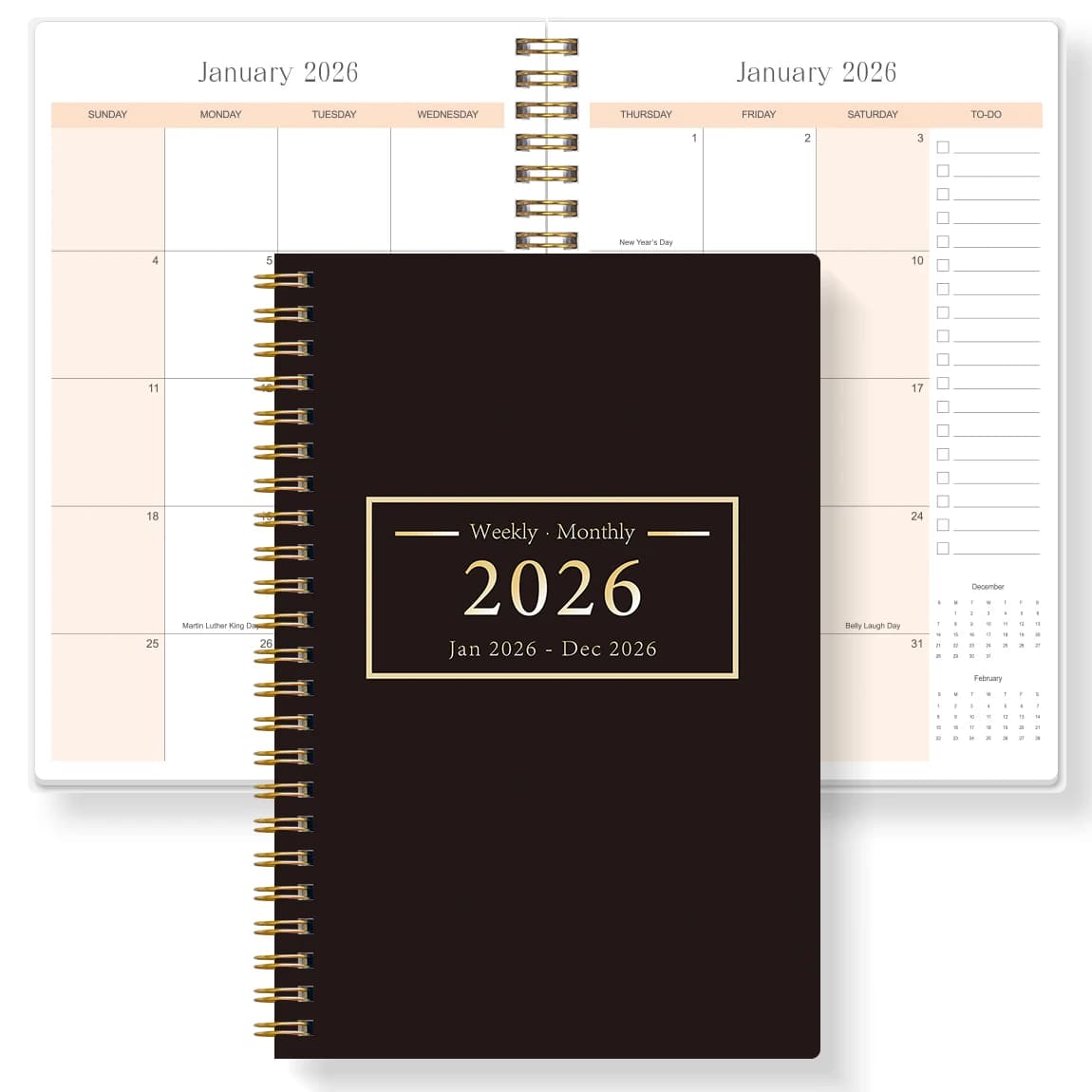 2026 A5 Planificateur hebdomadaire mensuel Carnet à spirale Couverture en or noir 2026 janvier 2026 