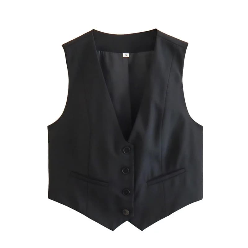 MUJER femmes gilet noir blanc recadrée gilet haut femmes col en V sans manches gilet femme mode trav