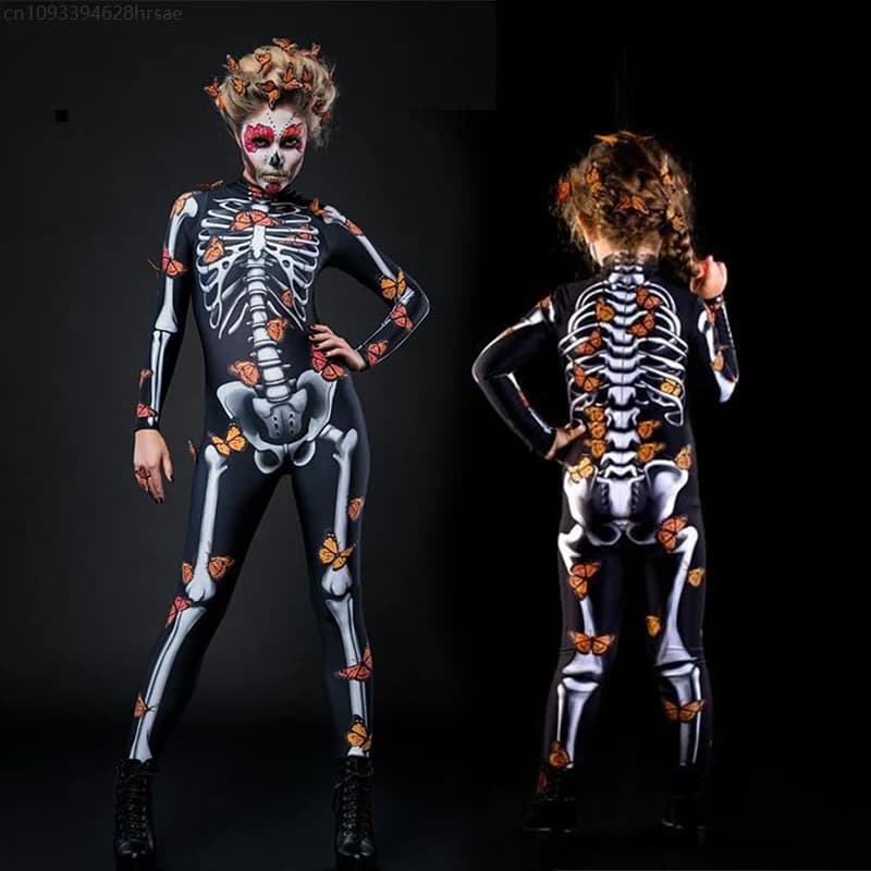 Costume de cosplay chauve-souris, combinaison avec cape papillon, tenue parent-enfant, imprimé squel