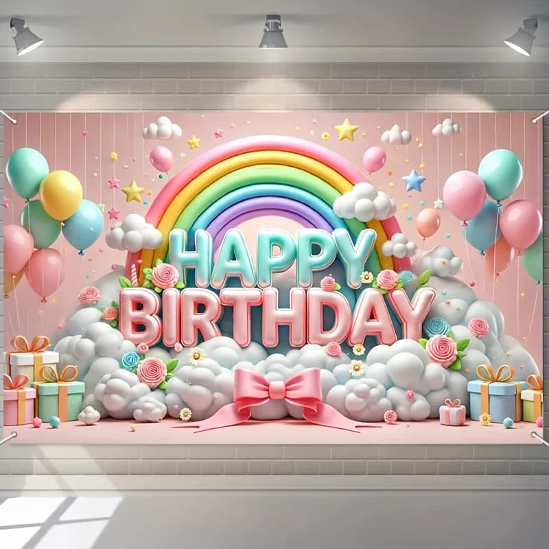 Bannière de fond joyeux anniversaire – Design ballon et arc-en-ciel, fond photo en polyester pour fê