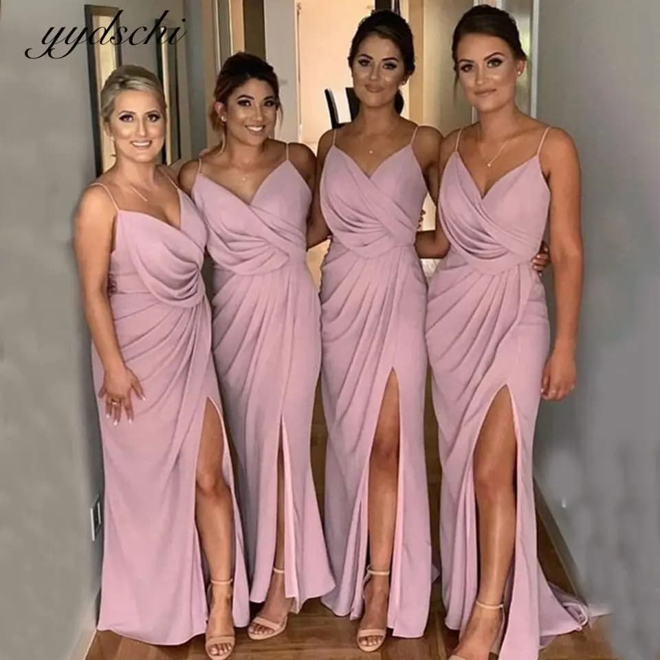 Robes de Demoiselle d'Honneur en Chiffon Rose à Col en V, Robe Élégante pour Femme pour Mariage, Soi