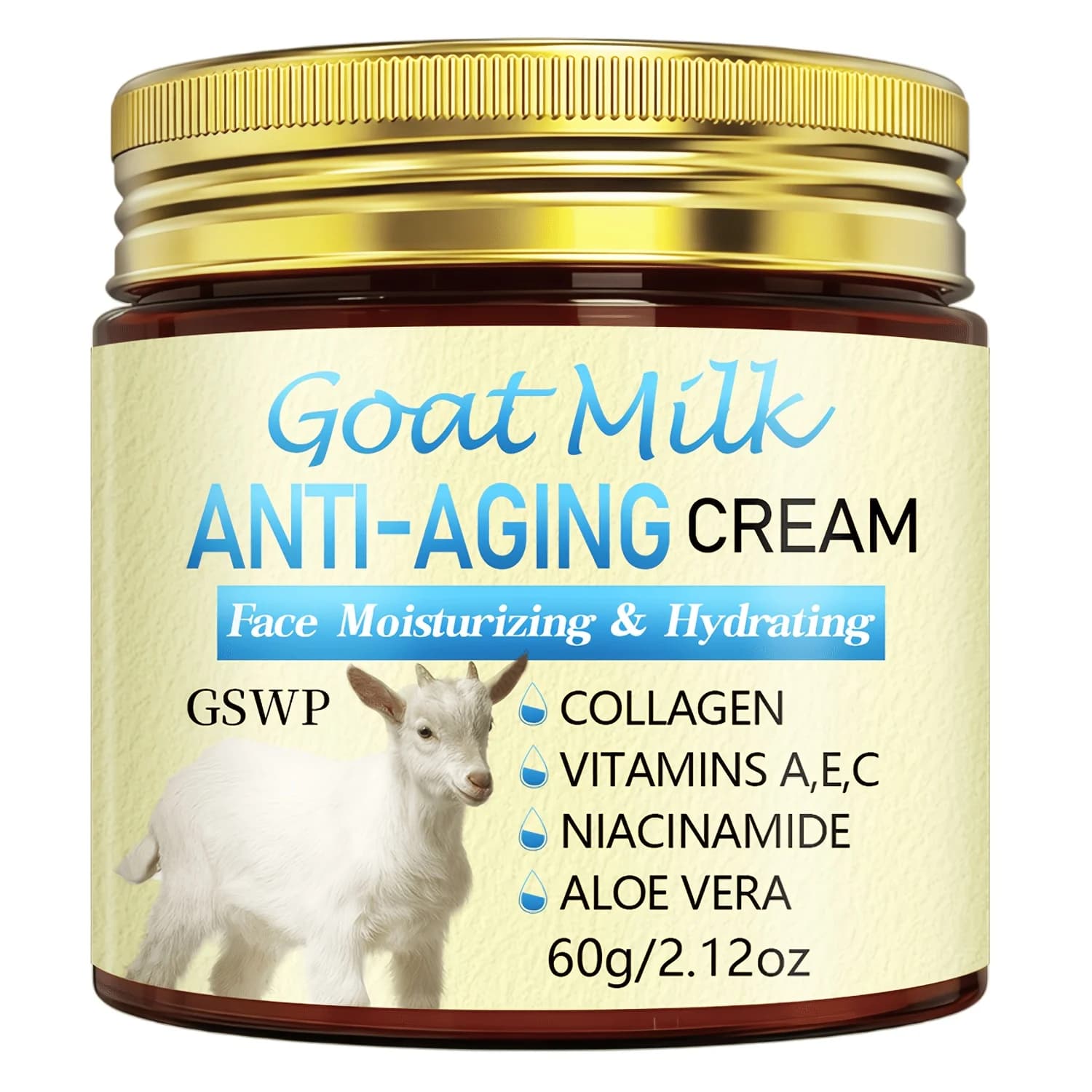 Crème hydratante anti-âge au lait de chèvre GSWP, contient du miel et du collagène, offrant une hydr