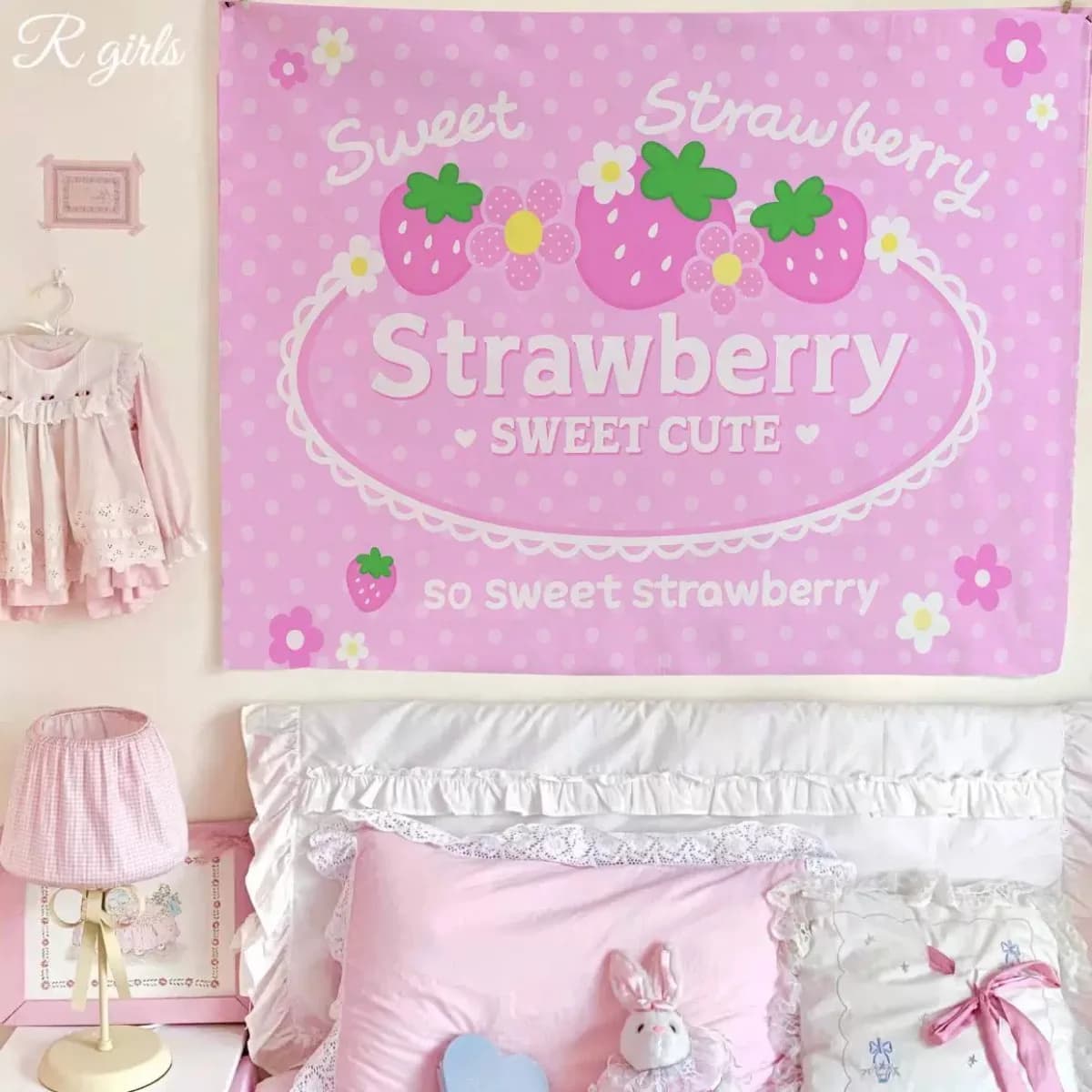 Tapisserie murale fraise rose douce, décoration murale à pois, toile de fond mignonne et kawaii pour