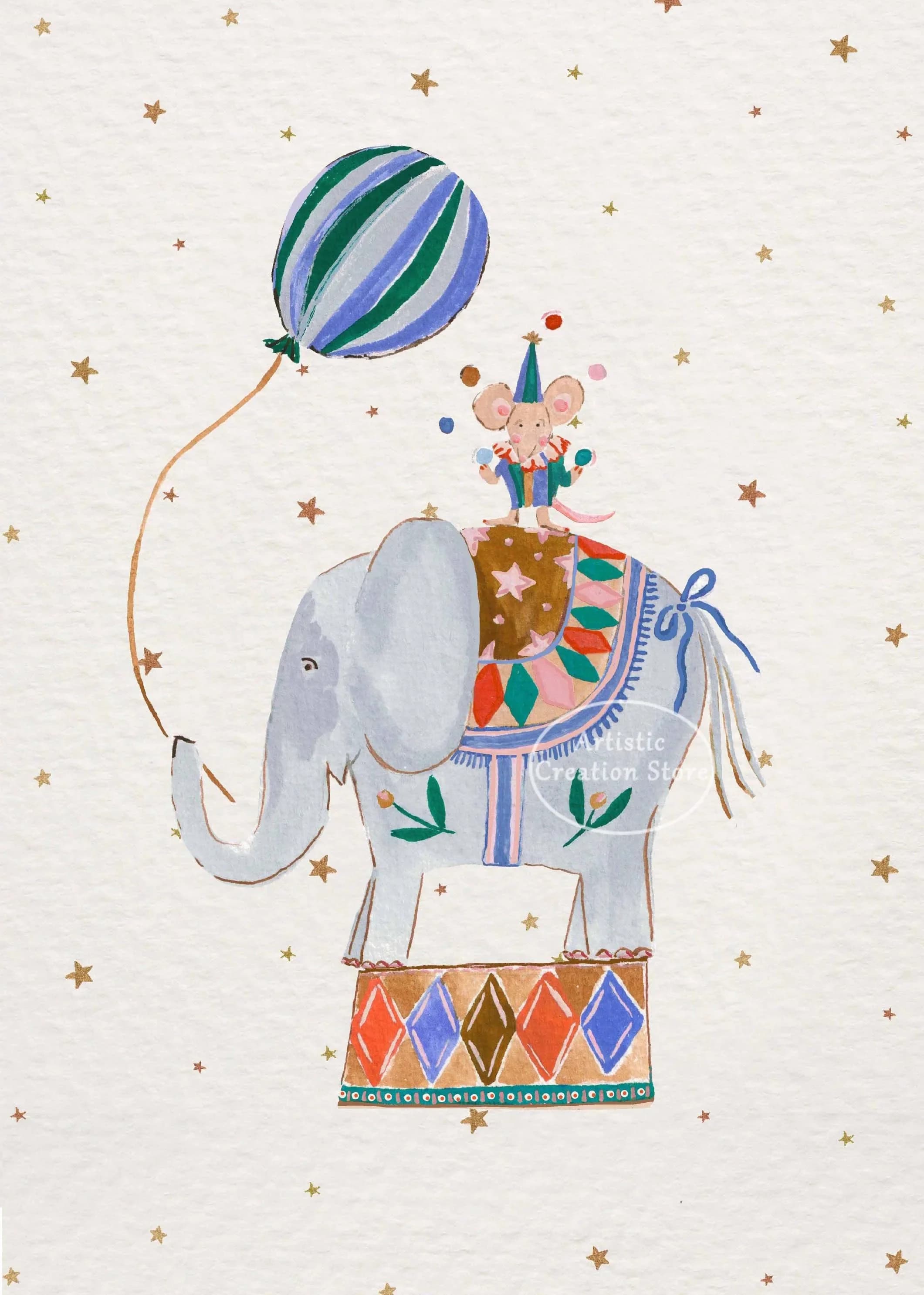 Aquarelle fantaisiste Funfair carrousel cirque Animal pépinière Illustration affiche toile peinture