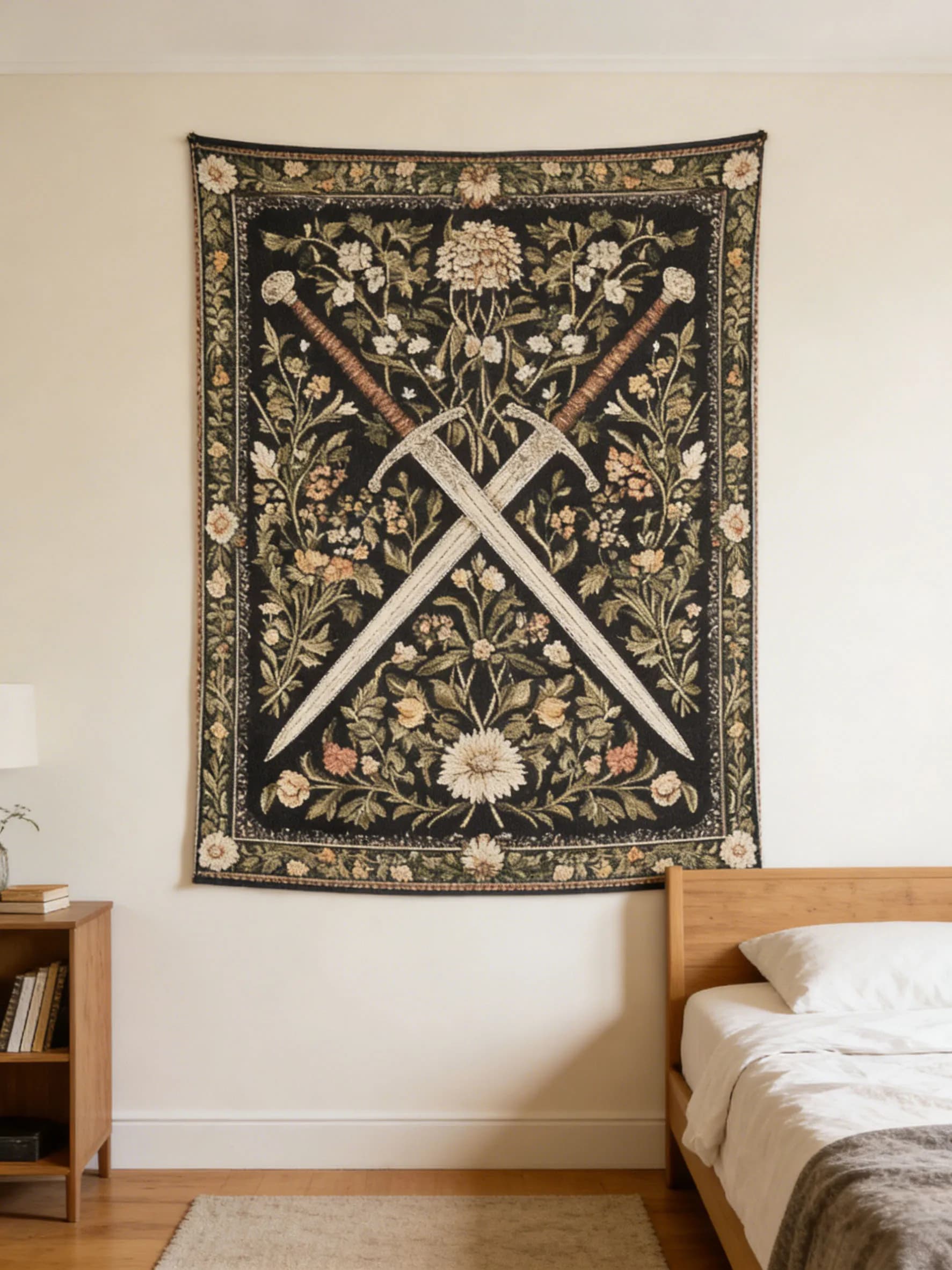 Tapisserie murale style bohème avec motif d'épée médiévale, idéale pour chambre à coucher, dortoir e