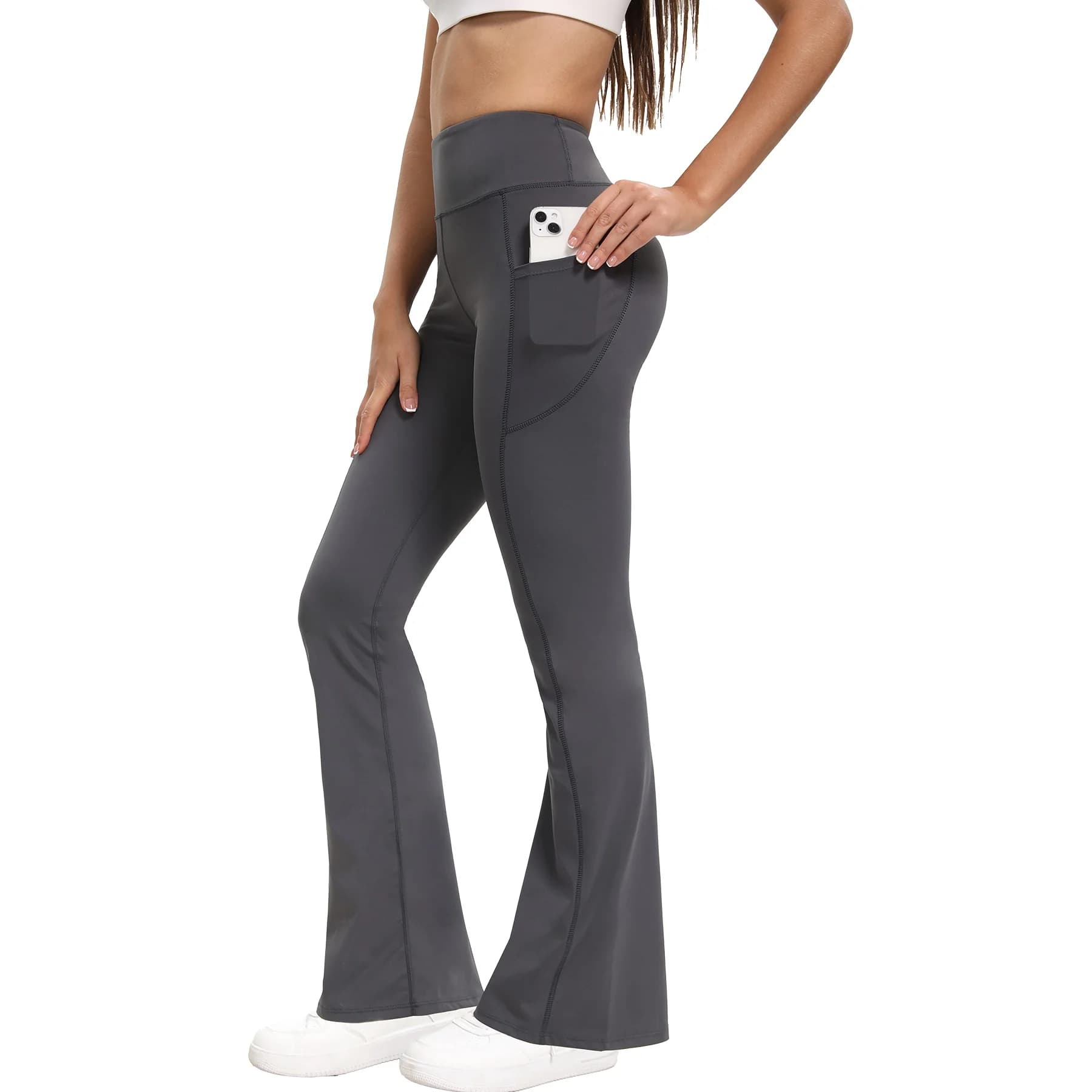 Leggings évasés avec poches latérales, pantalon de yoga doux pour femmes, pantalon slim taille haute