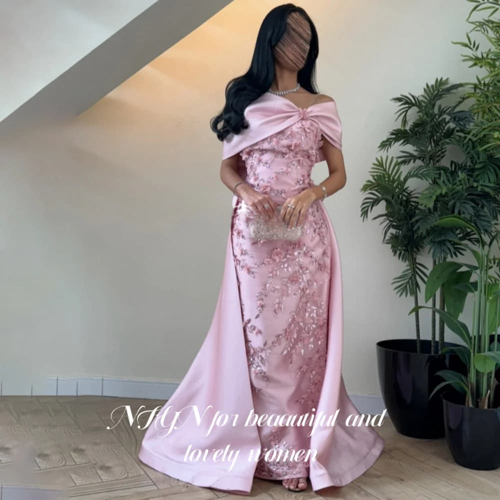 NFYN – robe de bal rose élégante, épaules dénudées, avec des Appliques plissées, en Satin, avec nœud