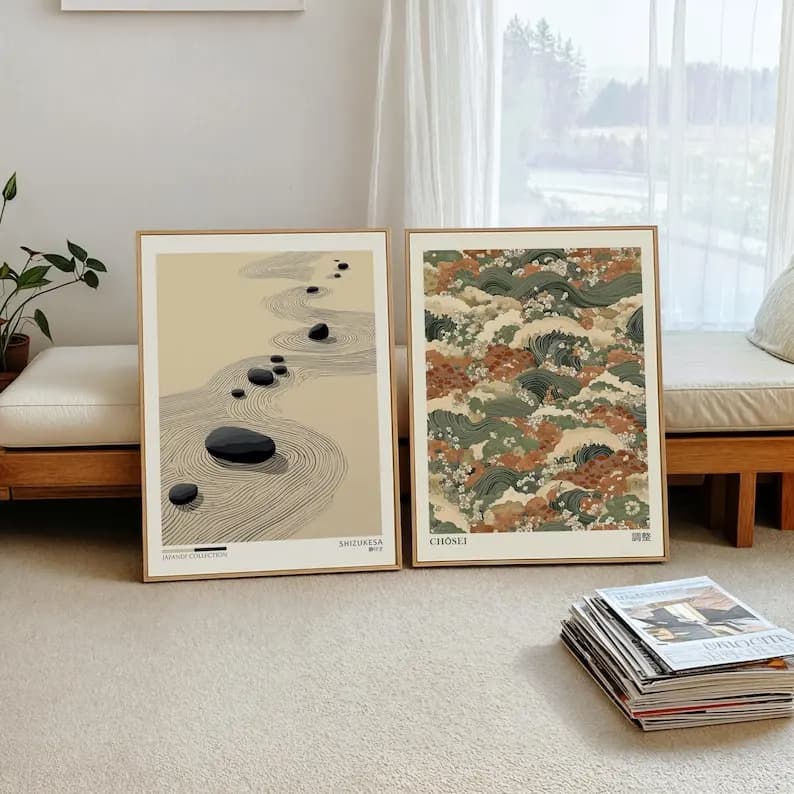 2 affiches murales en toile Japandi Zen, impressions d'art mural japonais minimaliste sans cadre pou