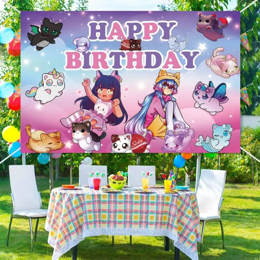 Toiles de fond photographiques sur le thème des peluches Halo Aphmau pour les fêtes d'anniversaire d
