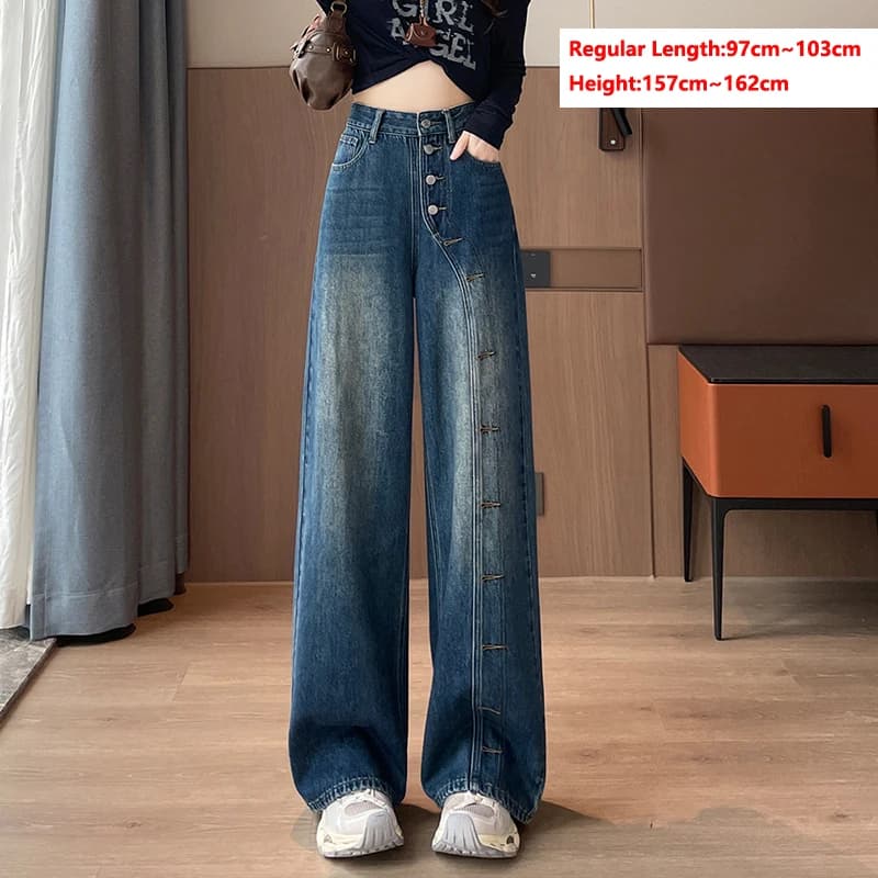 Jean taille haute à jambe large pour femme, avec boutons diagonaux, coupe droite en denim, style vin
