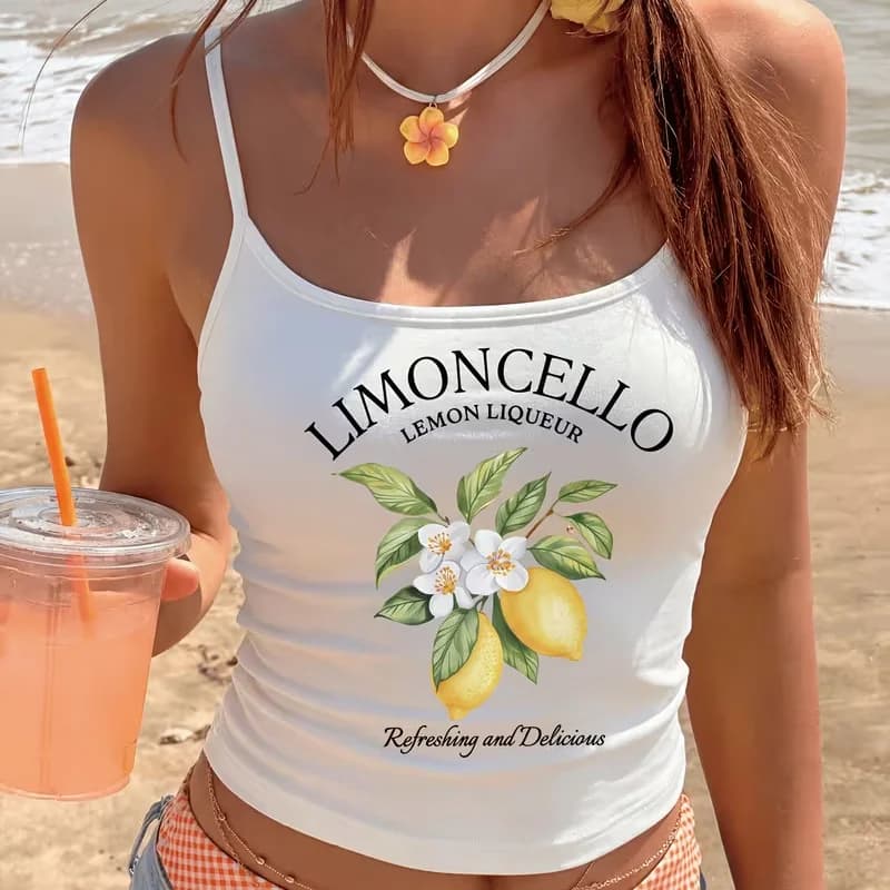 Haut imprimé fleurs de citron Limoncello pour femme, motif graphique vintage aux fruits, débardeur b