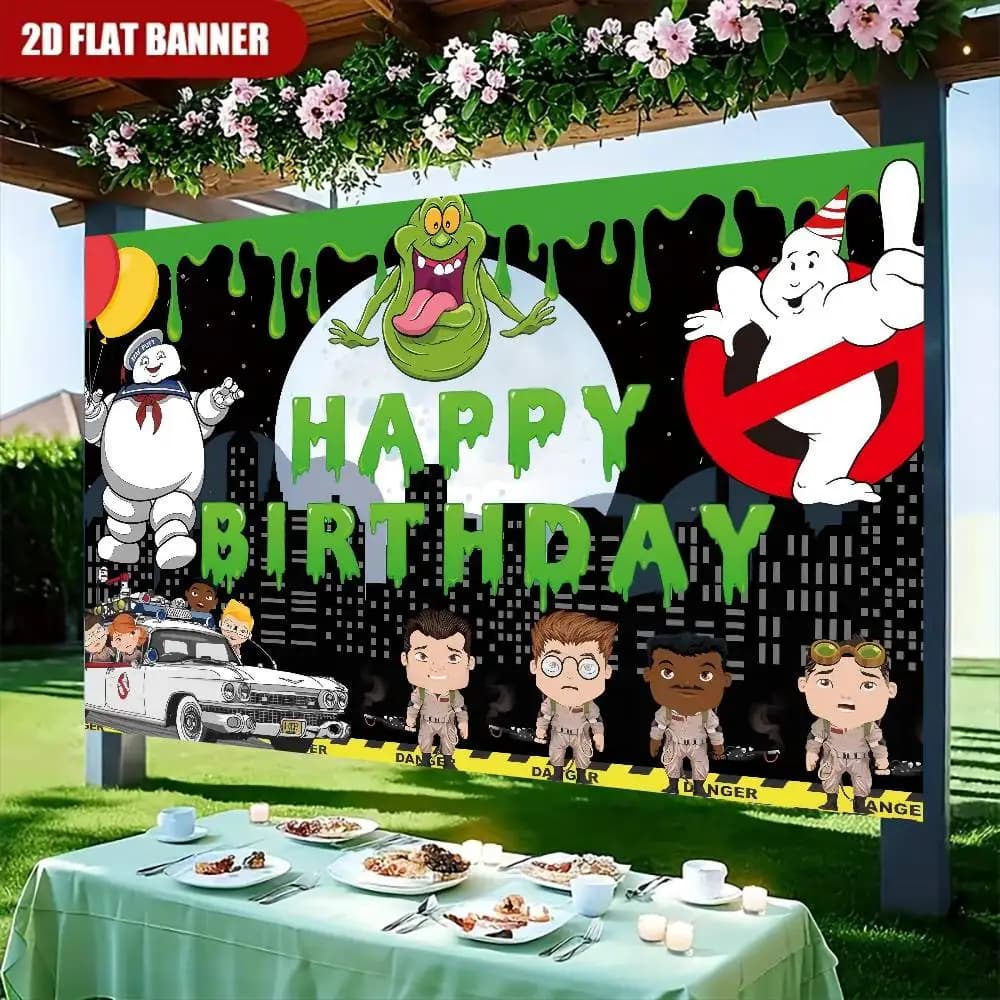 Décoration de fête d'anniversaire sur le thème de Ghostbusters et d'anime, bannière rose, affiche et