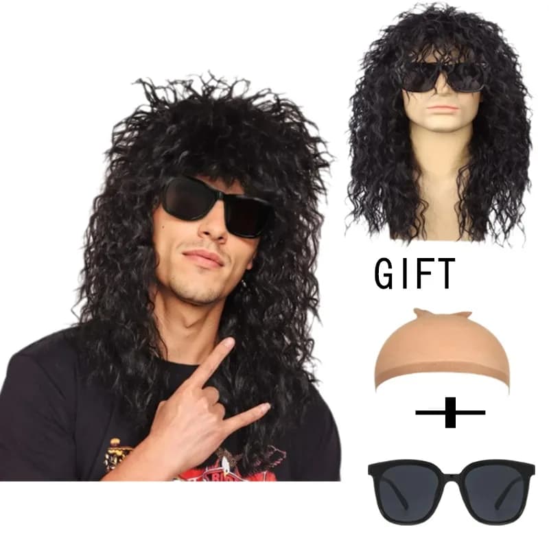 Perruque de cheveux bouclés noirs longs rétro des années 80 pour hommes, style glamour moelleux Rock