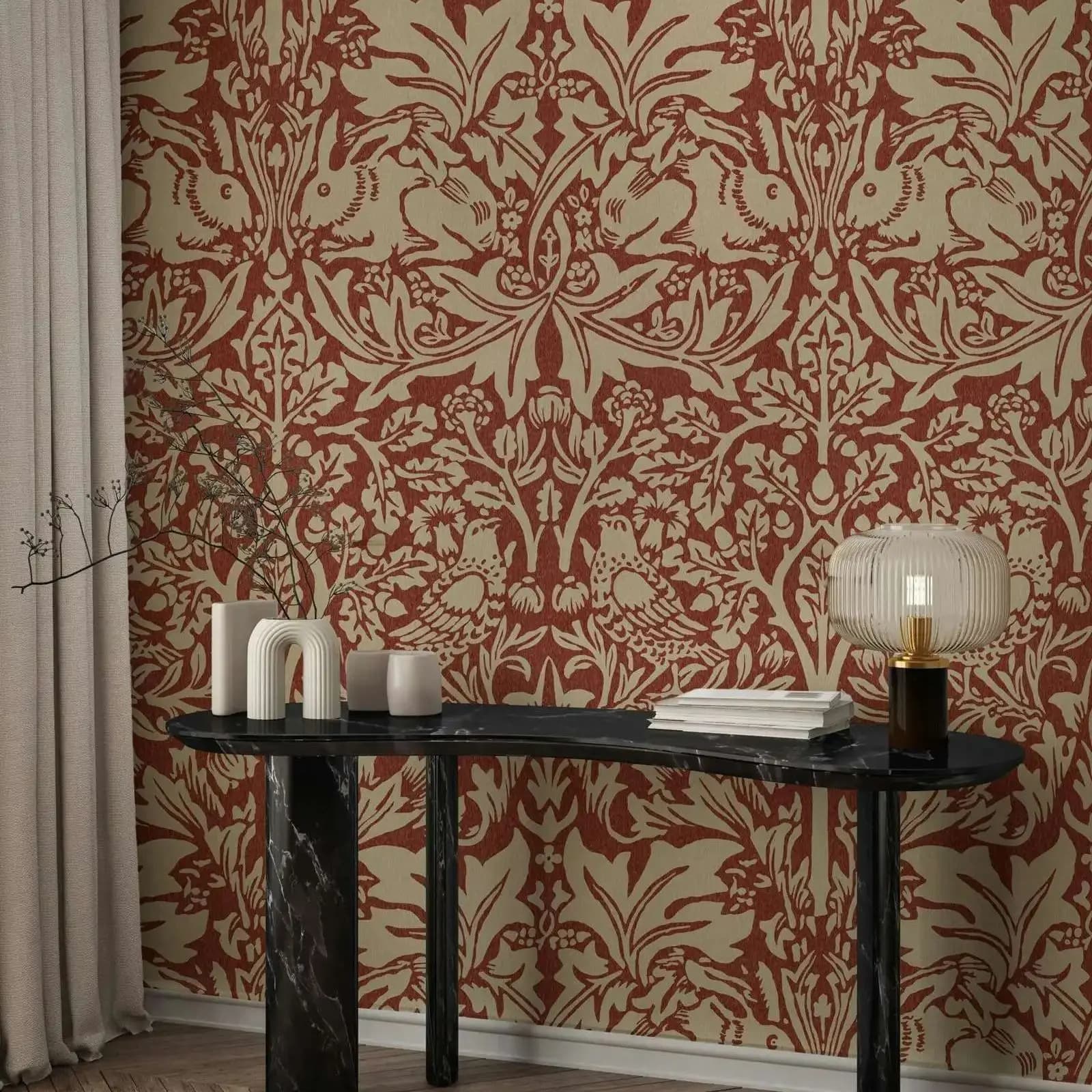 Papier peint lapin William Morris Brer, bouille rouge, papier peint mural Vintage à fleurs et animau