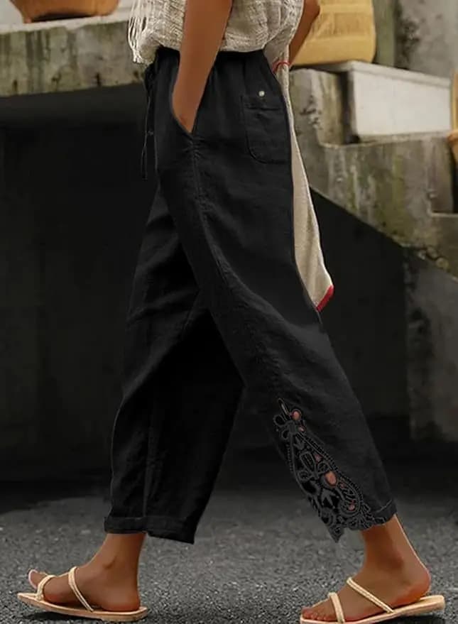 2025 pantalons pour femmes taille élastique couleur unie dentelle épissé cordon poche Simple mode ba