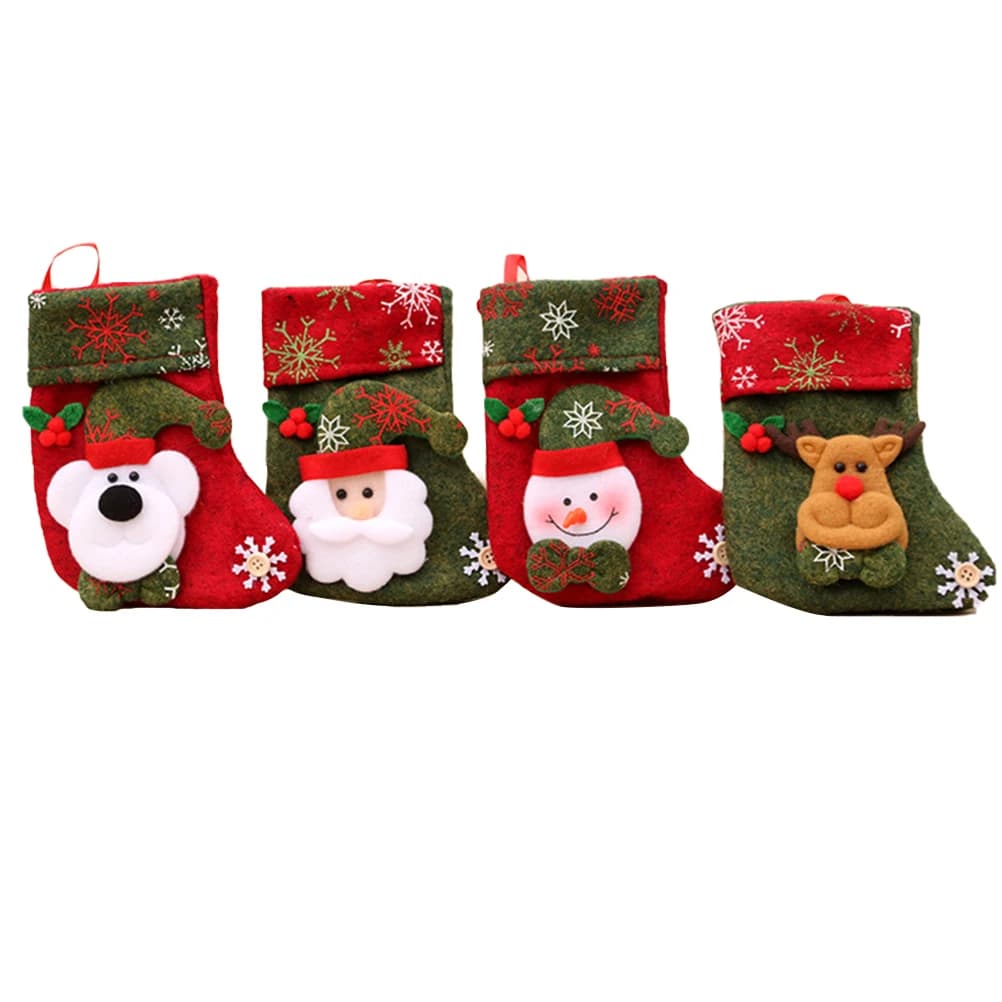 Bas de noël avec père noël, bonhomme de neige, cerf, ours, sac de bonbons, chaussettes de noël en fl