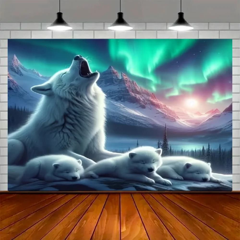 Décor de fête Lune de neige et loup, fond de scène Aurores boréales Forêt hivernale Animaux sauvages