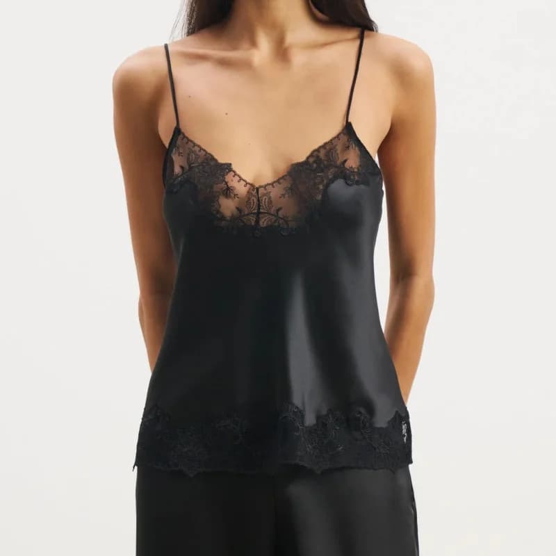 Hauts en satin chic pour femmes avec bordure en dentelle, débardeurs en soie à col en V sans manches