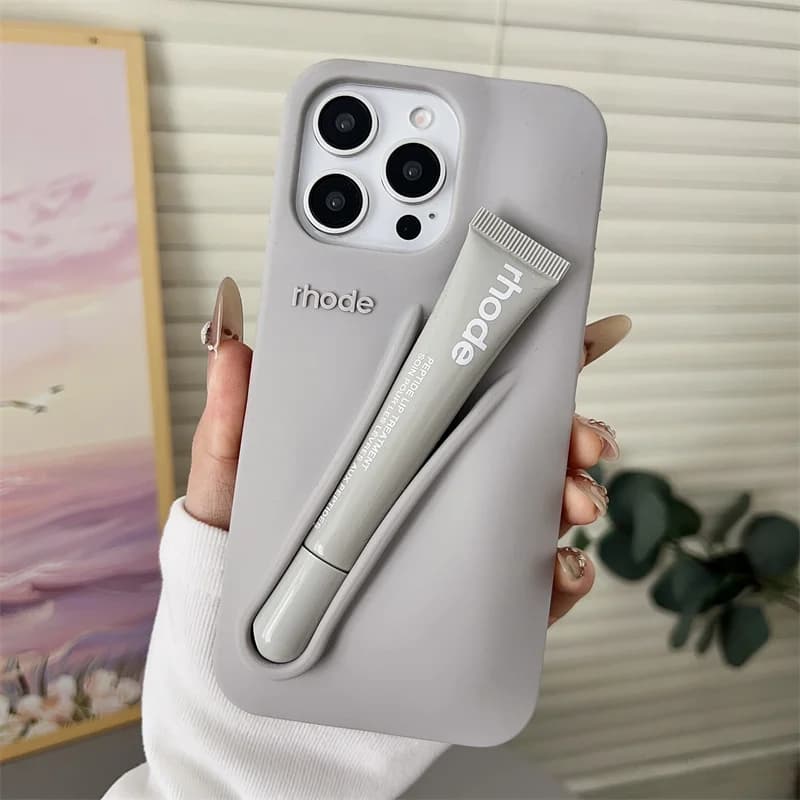 Coque de téléphone en silicone gris avec support pour rouge à lèvres et ruban, pour iPhone 17 Pro Ma