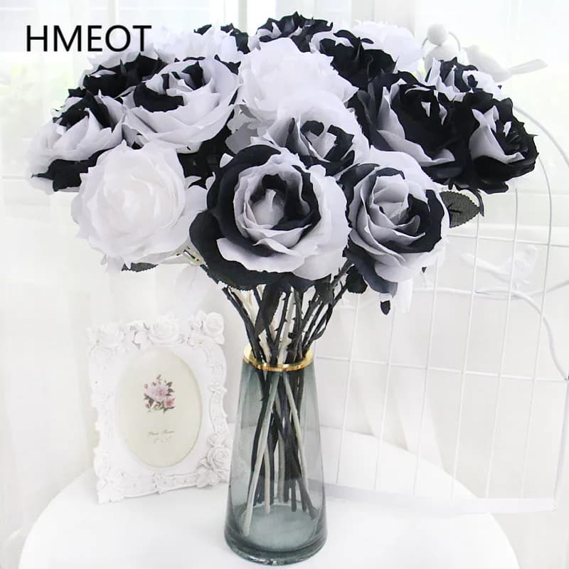 Rose artificielle haute simulation noire et blanche pour arrangement floral de mariage, décoration intérieure et aménagement de fond