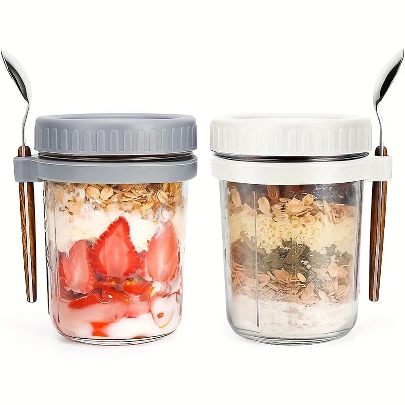 Tasse à flocons d'avoine en verre, récipient d'avoine de nuit avec couvercle et cuillère, pot de stockage de céréales, lait et salade de fruits de 16oz, 1 pièce/2 pièces