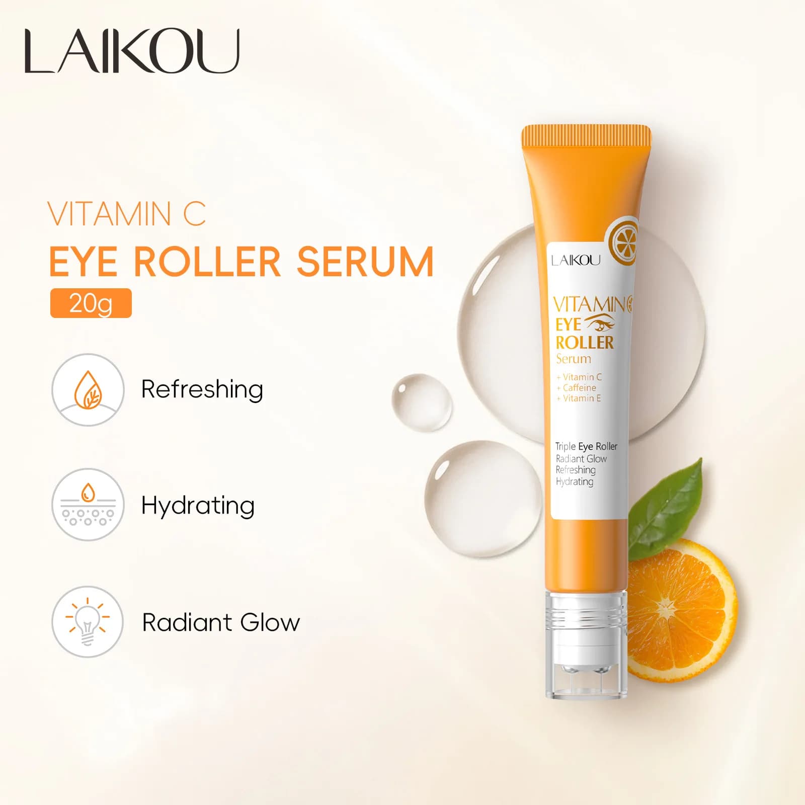 Sérum pour les yeux à la vitamine C LAIKOU, rouleau de 20 ml - Soin hydratant du contour des yeux pour un hydratation quotidienne, un soin nourrissant et rafraîchissant des yeux