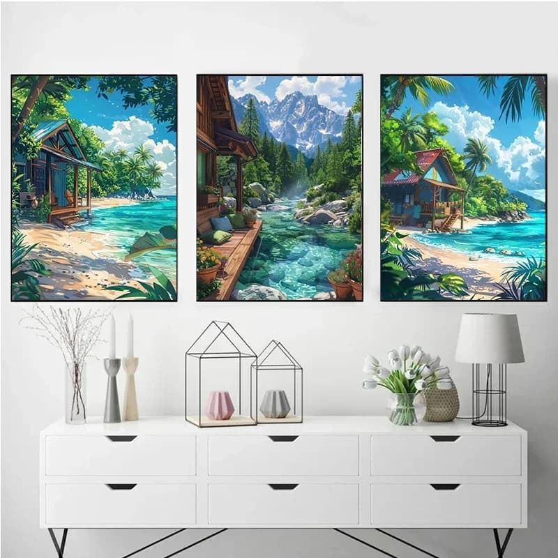 Affiche d'art mural de paysage d'été de mer, Bar, cabine bleue, plage, forêt, peinture sur toile, image imprimée, décor moderne pour salon