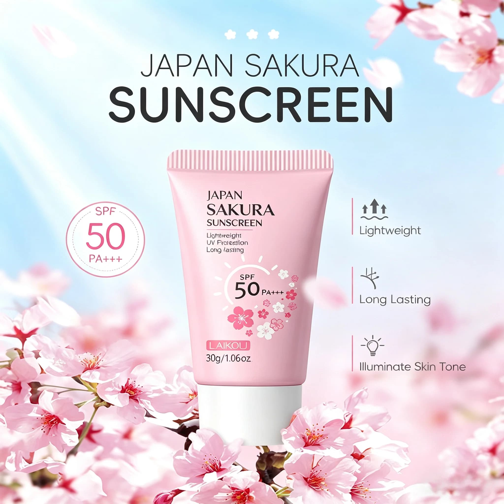 Crème solaire LAIKOU Sakura SPF50+ Protection UV Visage et Corps Rafraîchissante Imperméable Hydratante Correctrice 30g ﻿