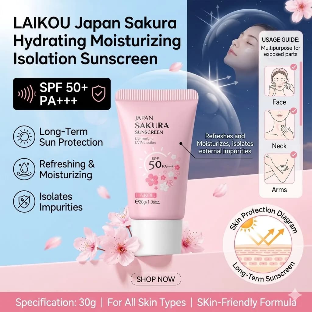 Crème solaire éclaircissante LAIKOU Japan Sakura SPF 50+ pour le visage et le corps, hydratante, isolante, protection UV 30g